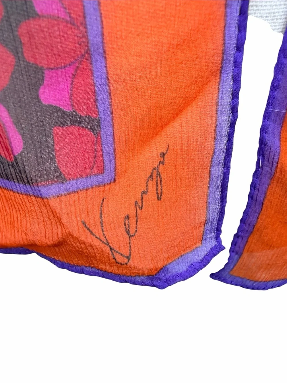 Kenzo Paris Silk Chiffon Floral Scarf Orange Pink Black Hand Rolled Hem